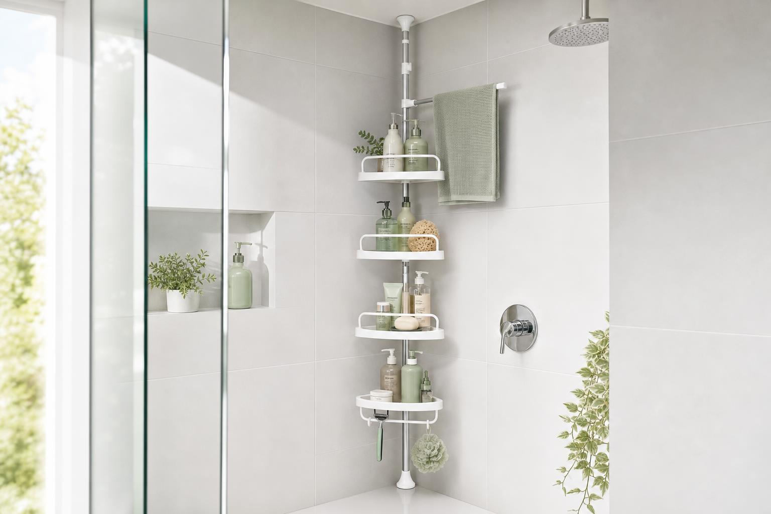 Esquinero telescópico de ducha instalado con productos de baño organizados
