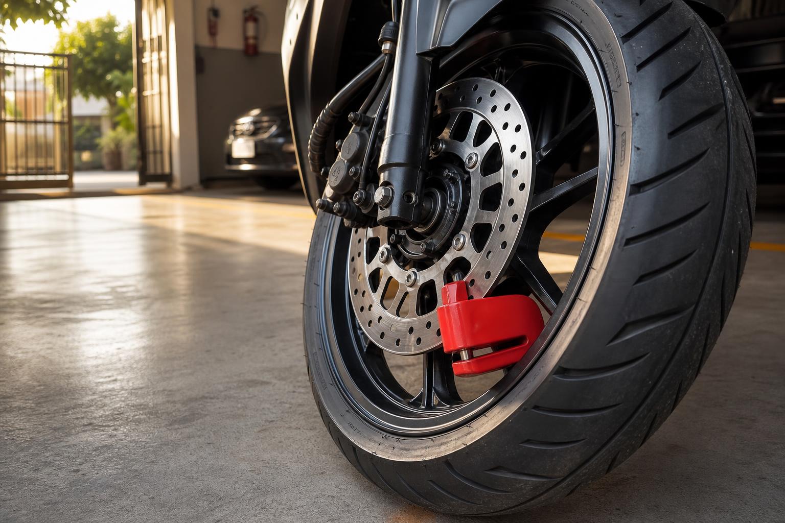 Candado rojo para disco de freno instalado en rueda de moto