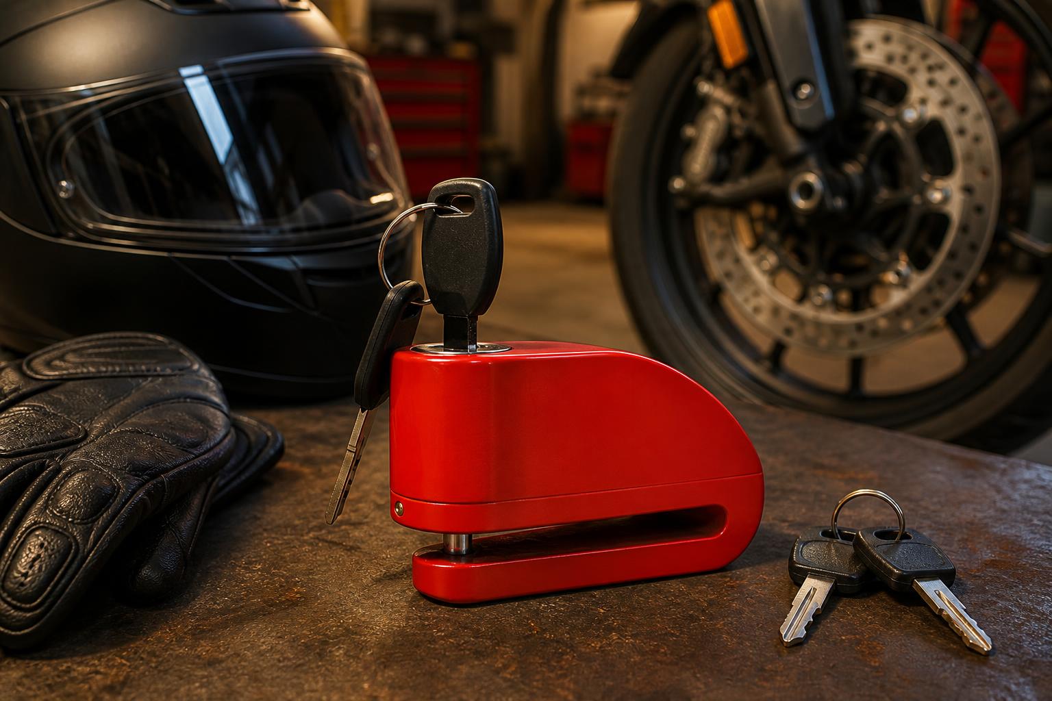 Candado antirrobo de disco con llave en entorno de moto