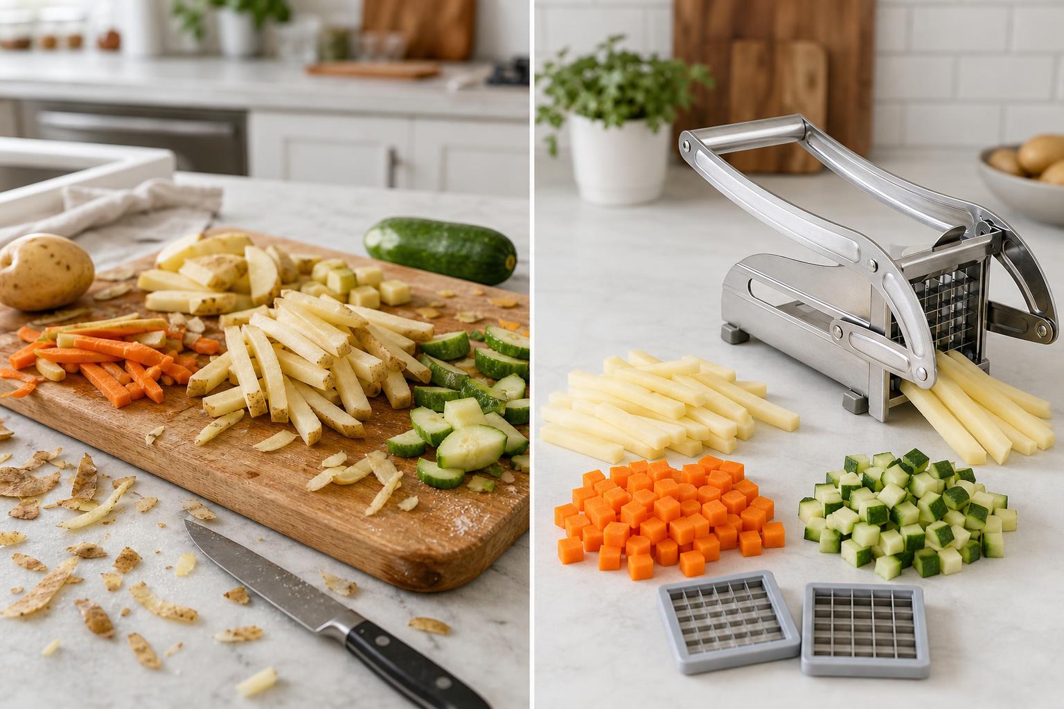 Antes y después de cortes con cortador de papas