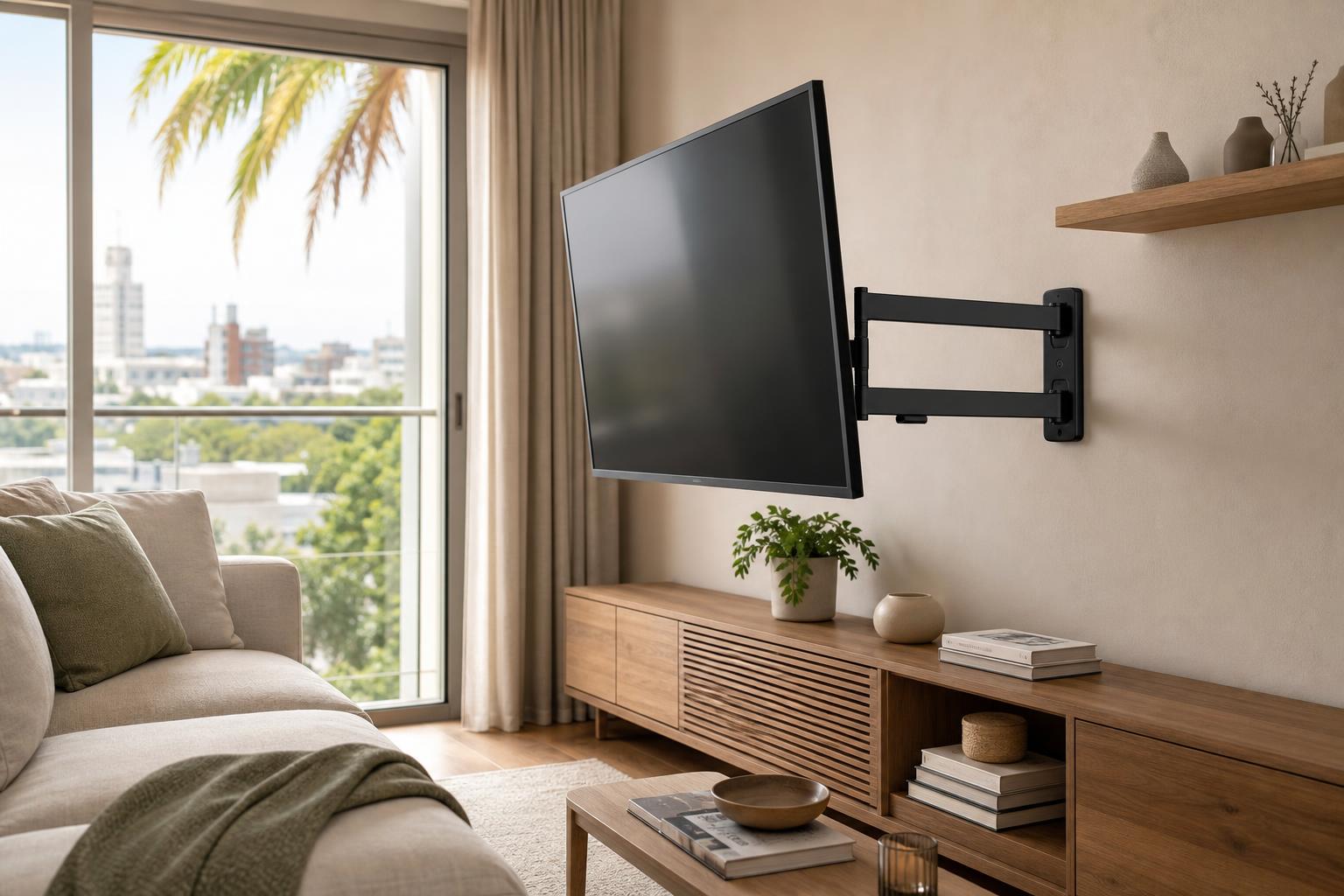 Soporte articulado de TV instalado en living moderno