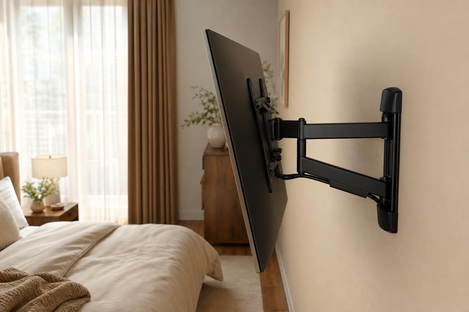 Soporte TV articulado instalado en dormitorio moderno