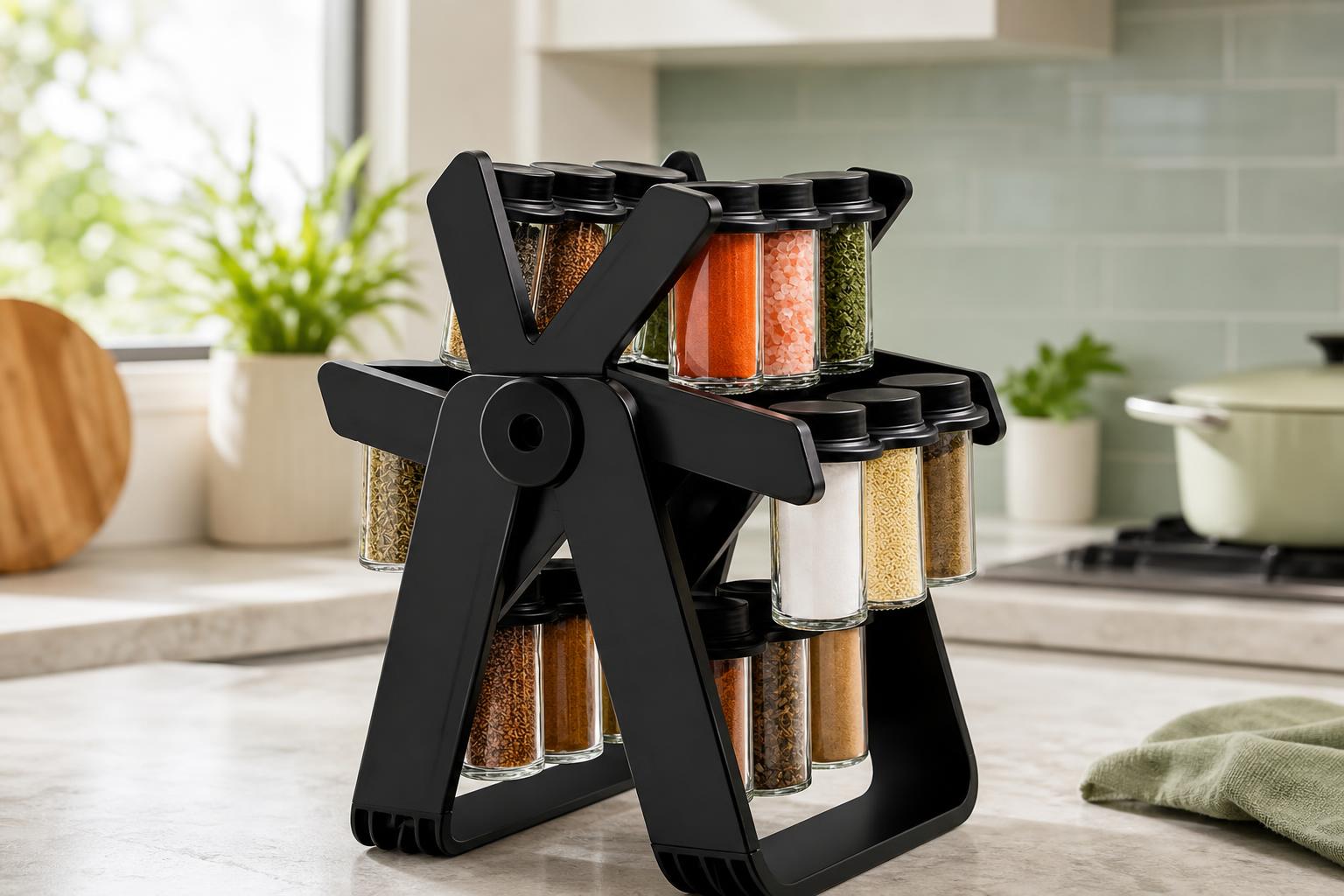 Set de 18 especieros con base giratoria en cocina