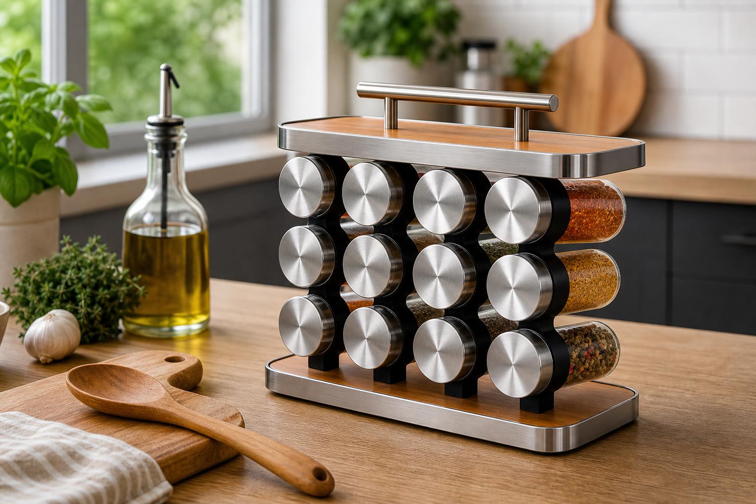 Set de 12 especieros de vidrio con base en cocina moderna