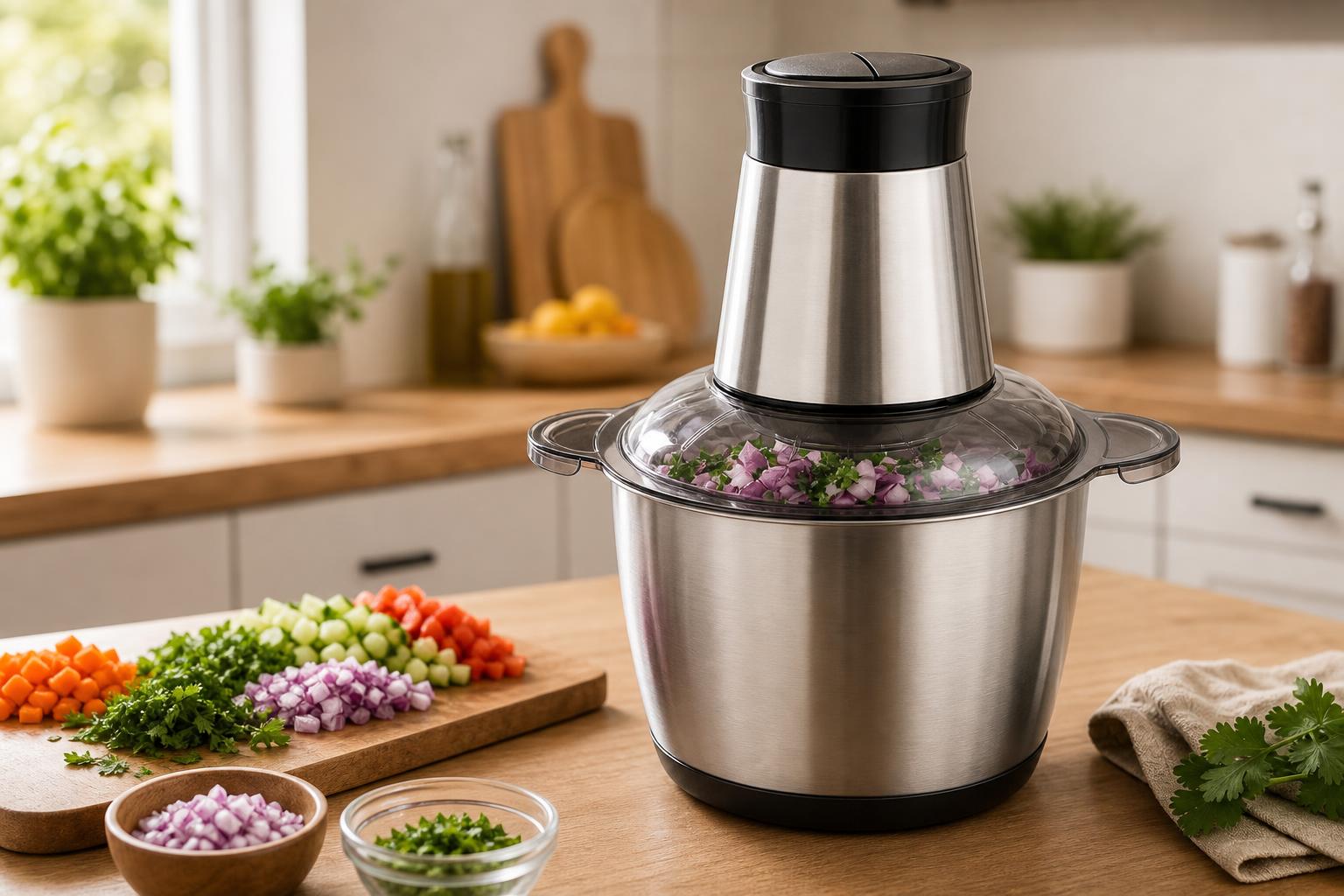 Procesadora de alimentos inox 2 litros en mesada de cocina con verduras preparadas
