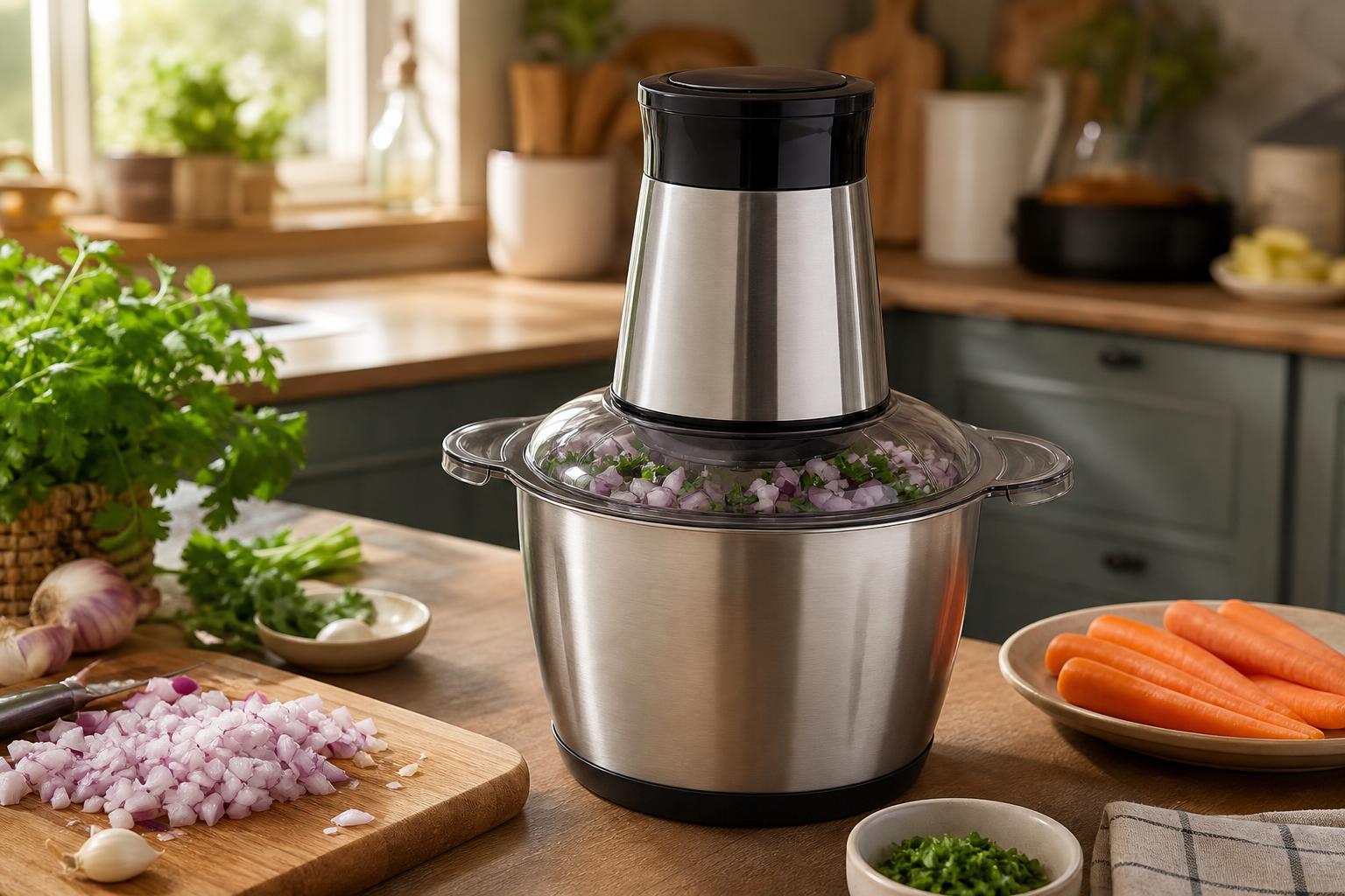 Procesadora de alimentos inox 2L en uso en cocina hogareña con ingredientes frescos