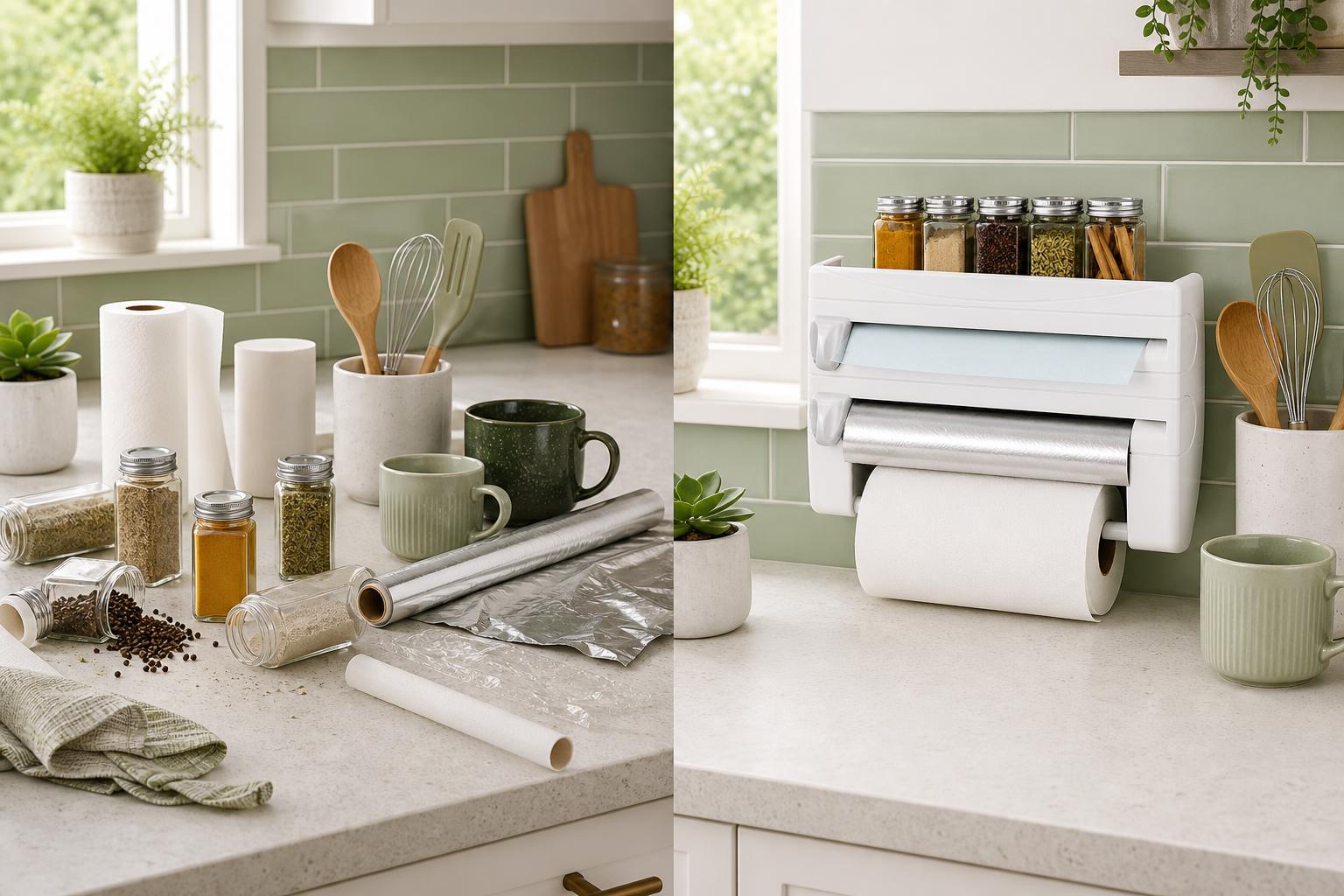 Antes y después de una cocina ordenada con repisa organizadora