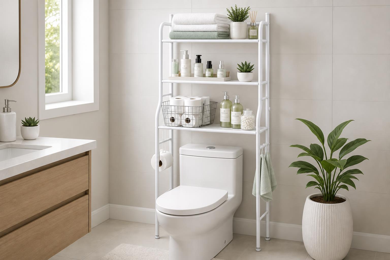 Organizador de baño sobre inodoro con toallas y accesorios