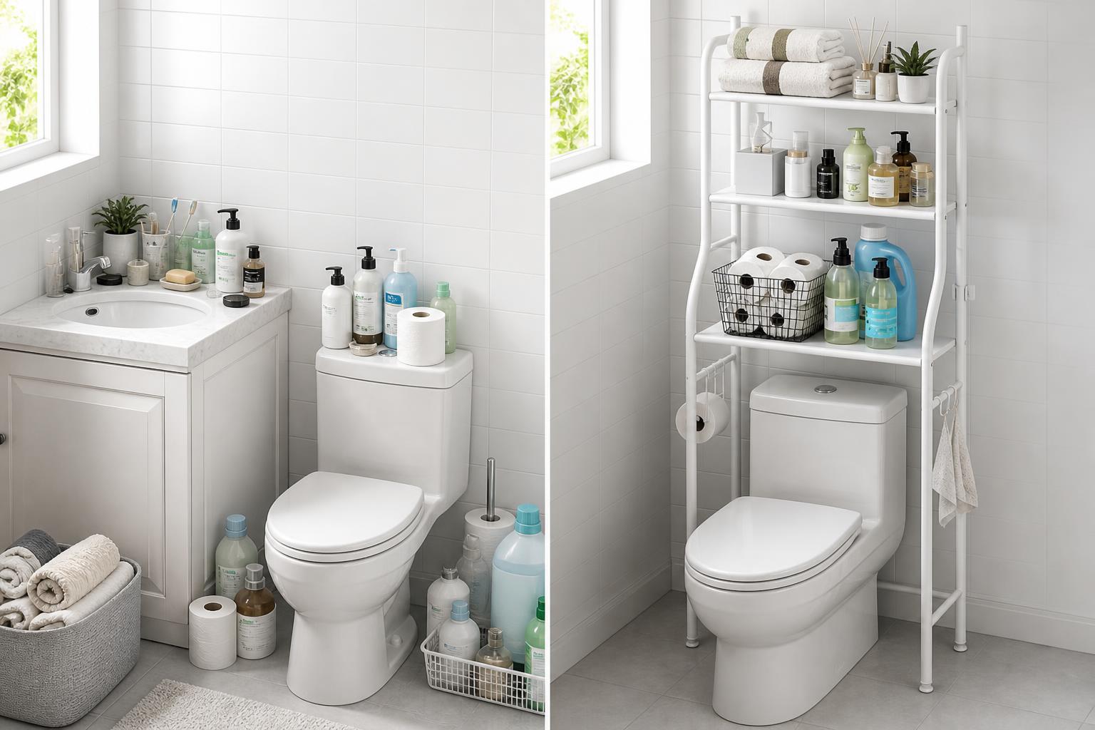 Antes y después de baño ordenado con organizador sobre inodoro