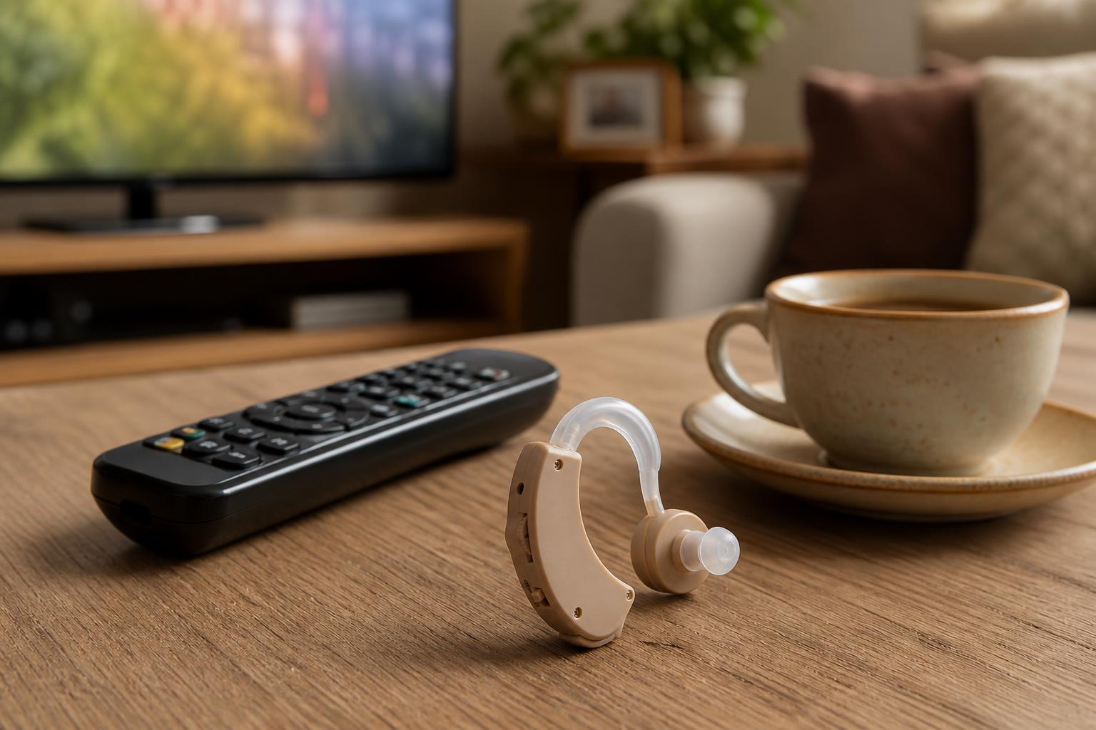 Amplificador de sonido en mesa de living junto a control remoto