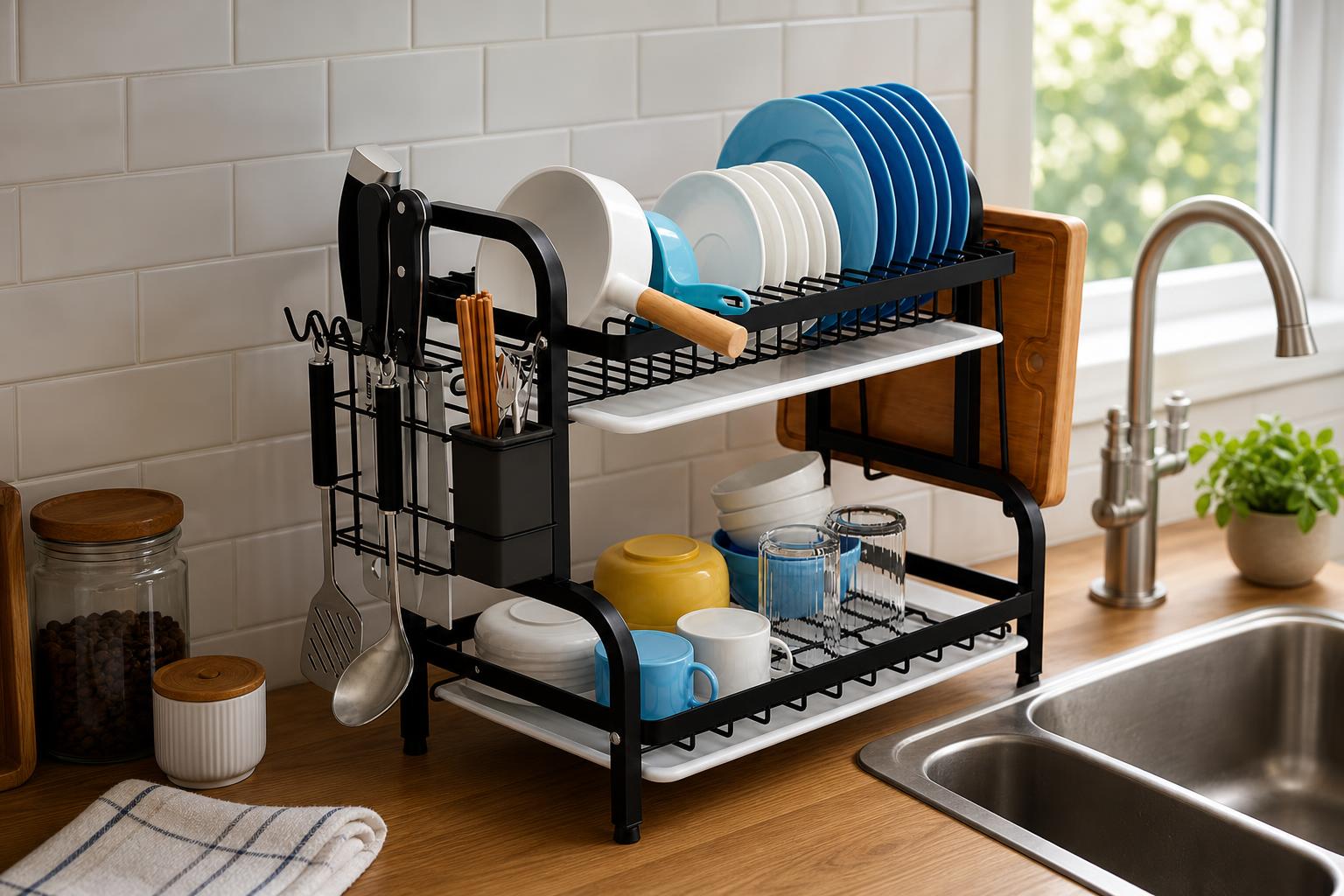 Escurridor de dos niveles en cocina moderna junto a la pileta